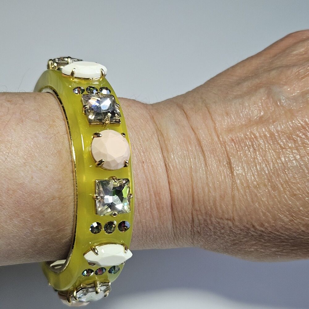 Women’s J. Crew Light Green, Rhinestones Faux Stones Chunky Cuffed Bracelet 6"